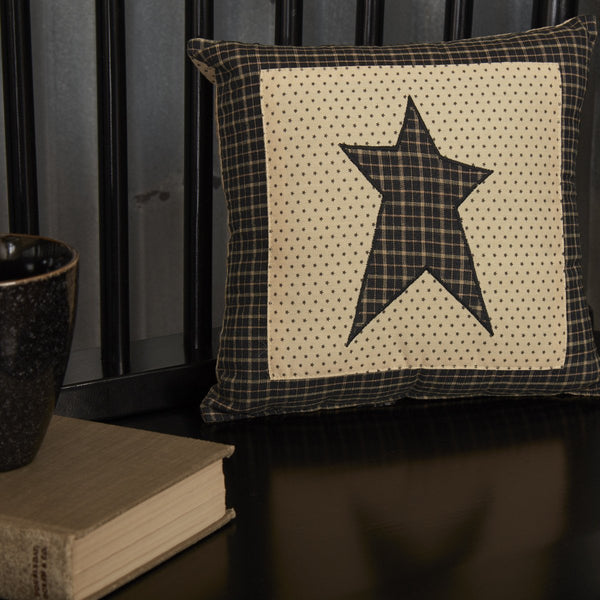 Kettle Grove Pillow Star 10x10, Applique primitive star on charcoal and creme ditsy star ground with black and tan plaid border. Primitive Country Farmhouse Bedding Home Decor.