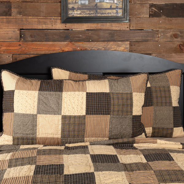 Kettle Grove King Sham. Featuring assorted patchwork blocks in creme, black and tan. Visit website for FREE s/h & discount offers. Primitive Country Farmhouse Bedding Home Decor.