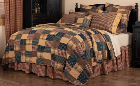 Patriotic Patch King Quilt blends Americana prints with plaids, stripes and checks, lending a relaxed and rustic sophistication. Brick layout in deep navy, red and khaki. Primitive Country Farmhouse Bedding Home Decor.