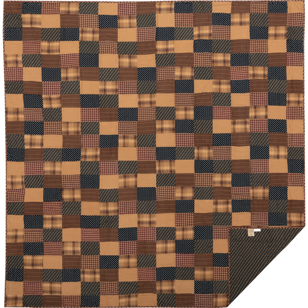 Patriotic Patch Queen Quilt 94Wx94L, Americana prints with plaids, stripes and checks, lending a relaxed and rustic sophistication.  The brick layout is a beautiful deep navy, red and khaki, Primitive Country Farmhouse Bedding Home Decor.