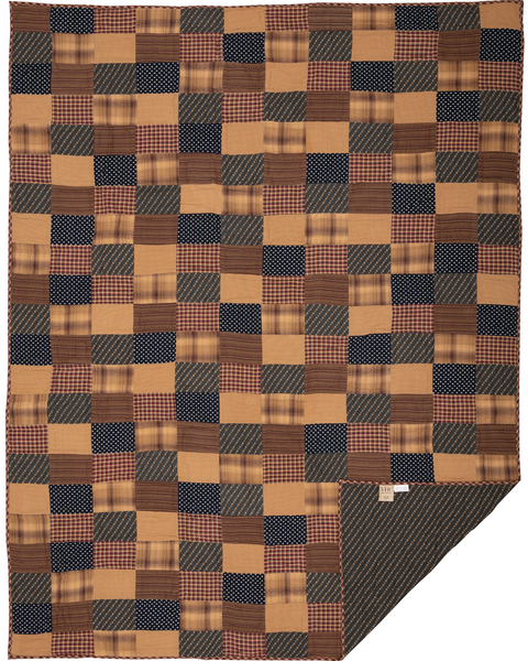 Patriotic Patch Twin Quilt 70Wx90L, Americana prints with plaids, stripes and checks, lending a relaxed and rustic sophistication.  The brick layout is a beautiful deep navy, red and khaki. Primitive Country Farmhouse Bedding Home Decor.
