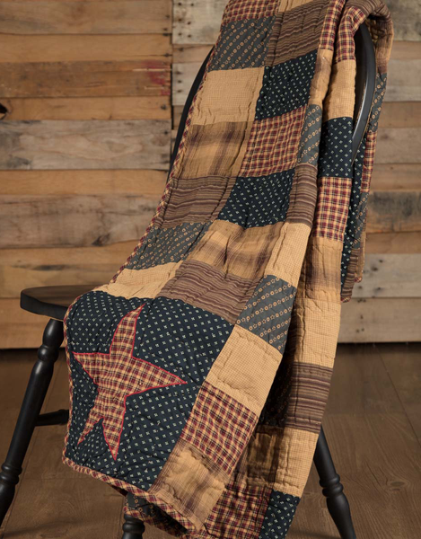 The hand-quilted Patriotic Patch Throw features assorted patchwork blocks in traditional Americana colors of red, navy blue and tan. Primitive Country Farmhouse Home Decor Blanket