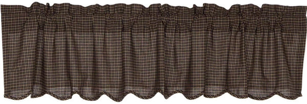 Kettle Grove Plaid Valance Scalloped16x72, Black and tan plaid fabric. Primitive Country Farmhouse Window Treatments Curtains Home Decor.