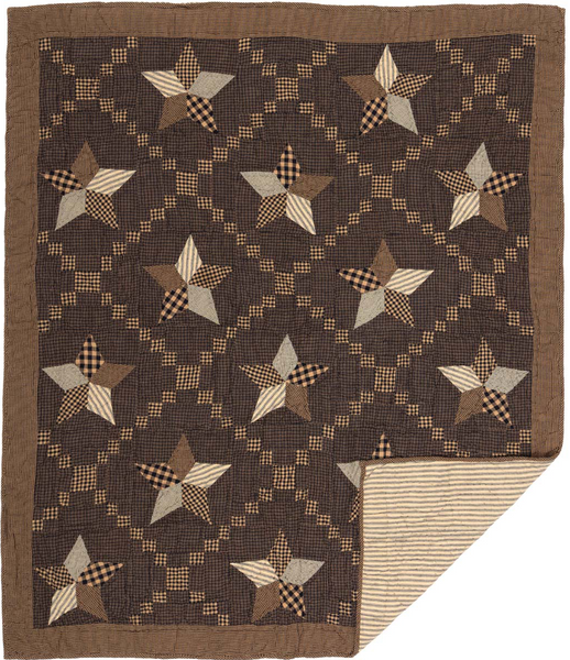 The Farmhouse Star Throw decorates your rural home or getaway as well as provides a cozy comfort on chilly days and nights. The throw's large 5-point stars are expertly separated by Irish chain patchwork blocks for a timeless farmhouse look. Reverses to charcoal on dark creme ticking stripe., Primitive Country Farmhouse Home Decor Blanket