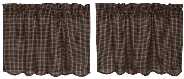 Kettle Grove Plaid Tier Scalloped Set of 2 L24xW36, Black and tan plaid fabric. Primitive Country Farmhouse Window Treatments Curtains Home Decor.
