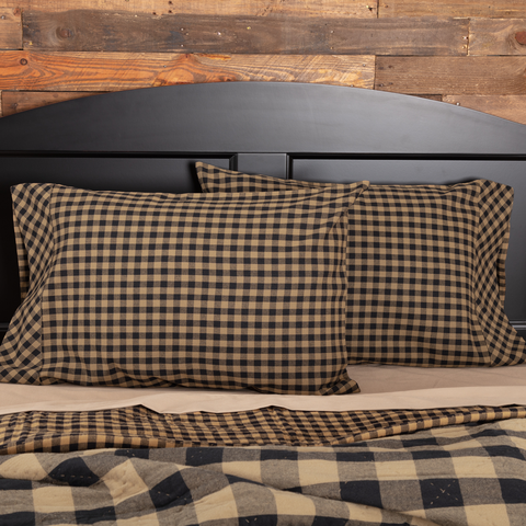 Black Check Standard Pillow Case Set of 2 21x30, Classic check pattern in black and khaki fabric, Primitive Country Farmhouse Bedding Home Decor.