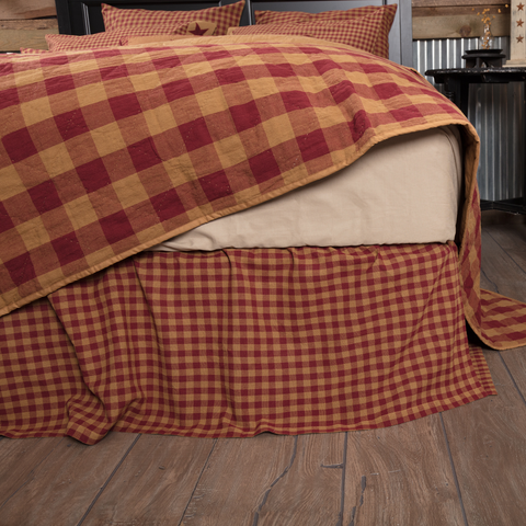 Burgundy Check Twin Bed Skirt, Primitive Country Farmhouse Bedding Dust Ruffle