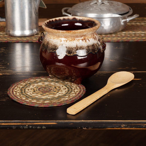 Tea Cabin Braided Jute Trivet 8 in, Alternating braids of crimson, moss green, sage green, and creme. Primitive Country Farmhouse Kitchen Table Dining Braided Home Decor.