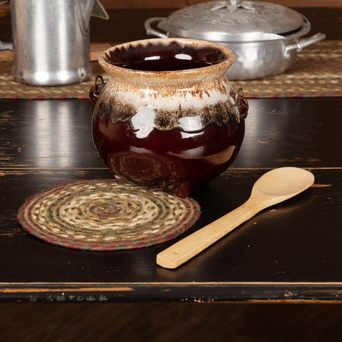 Tea Cabin Braided Jute Trivet 8 in, Alternating braids of crimson, moss green, sage green, and creme. Primitive Country Farmhouse Kitchen Table Dining Braided Home Decor.