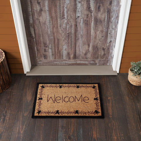 Primitive Pip Vinestar Coir Welcome Rug 20x30 with stars & vines. Rustic farmhouse doormat with eco-friendly coir and PVC backing for durability.