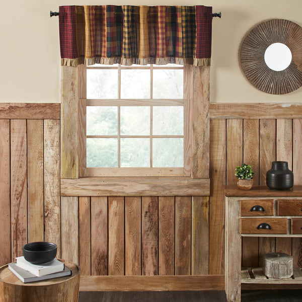 18x72 Connell Patchwork Valance with burgundy checks and burlap ruffle. Lined cotton country window curtain adds rustic primitive charm to any room.