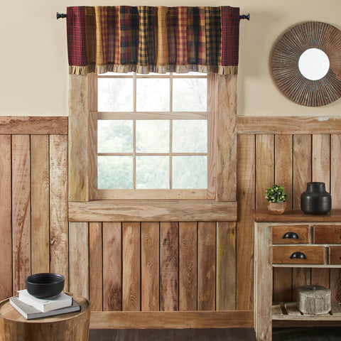 18x72 Connell Patchwork Valance with burgundy checks and burlap ruffle. Lined cotton country window curtain adds rustic primitive charm to any room.