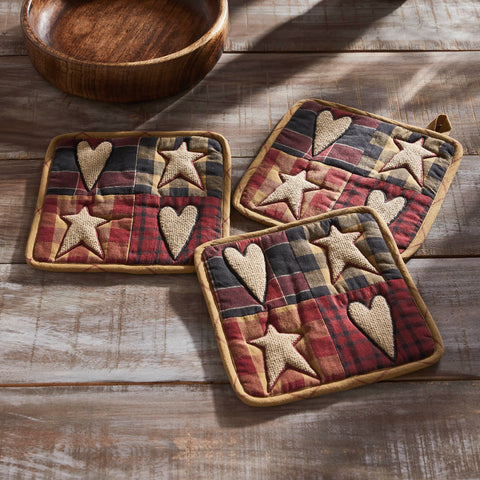 Set of 3 quilted 8x8 Connell Patchwork Pot Holders. Heat-resistant cotton with rustic burgundy tones adds primitive country charm to your kitchen.