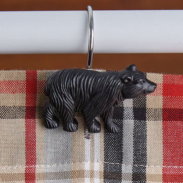 Black Bear Shower Curtain Hooks- Set of 12. Crafted with a walking black bear, this shower curtain hooks makes a beautiful accent. Made of Resin. 2 3/4"W x 2"D x 1 3/4"H each. Visit website for FREE s/h & discount offers. Primitive Country Farmhouse Bath Bathroom Home Decor.