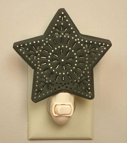 The Punched Star Night Light includes a night light appliance and a 4 watt night light bulb. Measures 4½" wide and 5½" high. Visit website for FREE s/h & discount offers. Primitive Country Farmhouse.