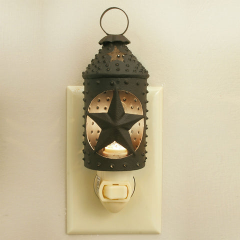 Punched Star Paul Revere Night Light. 1¾” diameter, 4¾” tall to top of ring. Includes a night light appliance and a 3 watt light bulb. See website for free s/h and discount offers. Primitive Country Farmhouse Home Decor.