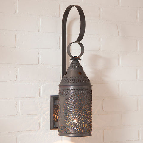 15-Inch Electrified Wall Lantern in Blackened Tin, Primitive Country Farmhouse Lighting Home Decor.