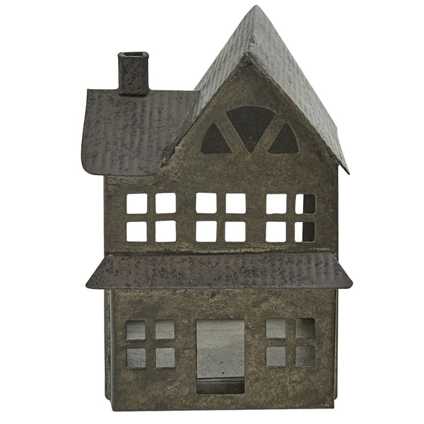 Metal House Tea Light Holder is made of galvanized metal and measures 5.25" H x 4" W x 4" D. Tea light candle not included. See website for free shipping offer. Primitive Country Home Decor.