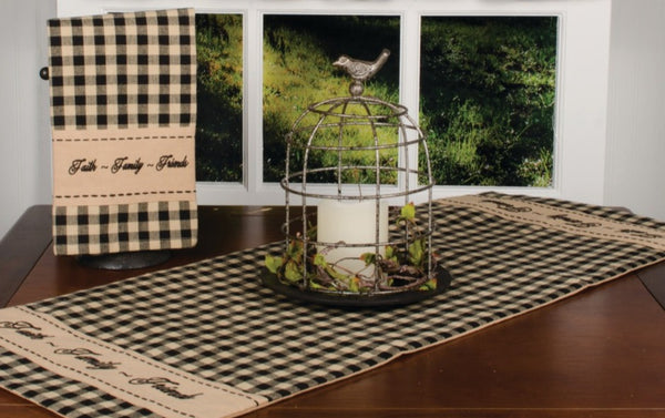 Faith-Family-Friends Table Runner. Size is 14" x 36" and is made of Cotton. Visit website for FREE s/h & discount offers. Primitive Country Farmhouse Decor.