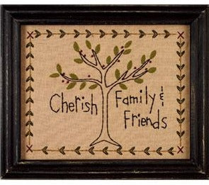 Cherish Family Sampler features a primitive tree in the center with the words "Cherish Family & Friends" around it. Primitive Country Farmhouse Home Decor. Visit website for FREE s/h & discount offers.