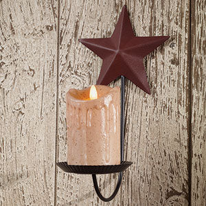 Burgundy Star Pillar Sconce, features a wrought iron barn star. Measures approx. 6" x 12.5" x 6.5" (Candle not included.) Visit website for FREE s/h & discount offers. Primitive Country Farmhouse.