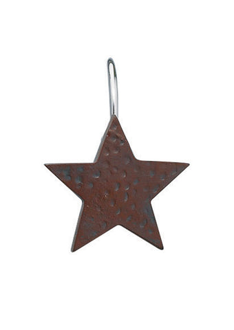 Star Shower Curtain Hooks - Red The hooks are 3" tall overall with chrome plated hooks to slide over the shower rod. The stars themselves are 1-3/4" across and have a dimpled, painted finish.&nbsp; 3" H. Visit website for FREE s/h & discount offers. Primitive Country Farmhouse Decor.