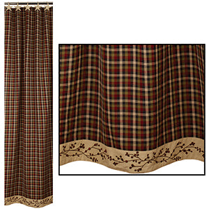 This Lancaster Berry Shower Curtain measures 72x72". It is black, burgundy, green and tan check, and the border is embroidered with a brown berry vine and burgundy berries. It is 100% cotton.
