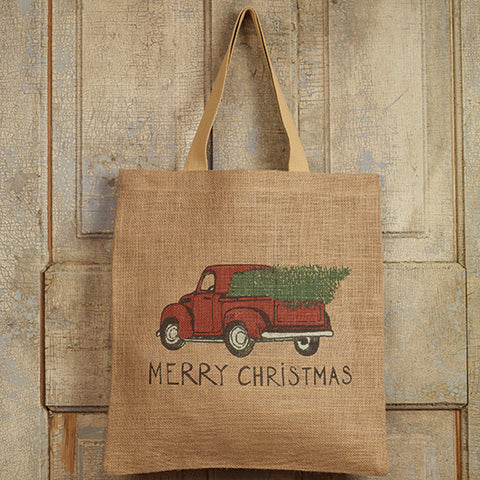 Burlap Red Truck Christmas Tote Bag (14.5x15"). Visit website for FREE s/h & discount offers. Primitive Country Farmhouse Home Christmas Holiday Decor.
