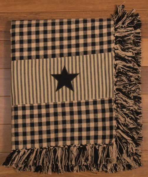 Heritage House Star Afghan Heritage House Star Black Woven afghan is made of Cotton. This is a 50 Inch x 60 Inch afghan that is a nice accent for any room. Visit website for FREE s/h & discount offers. Primitive Country Farmhouse.