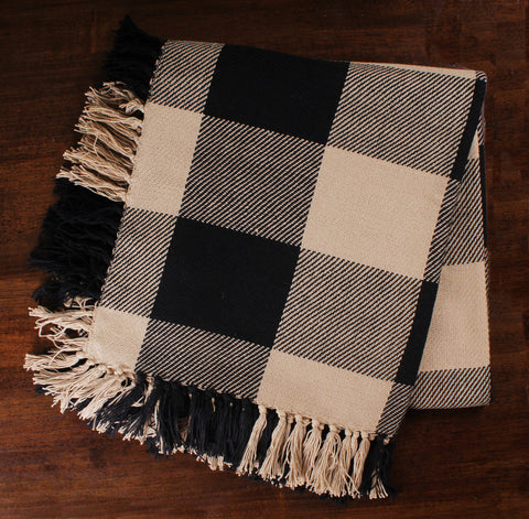 Add a pop of color with our classic and beautiful Heritage House Check Black Afghan! Featuring a charming black and tan check pattern and fringed edges, this afghan will add warmth and style to any room in your country home!"