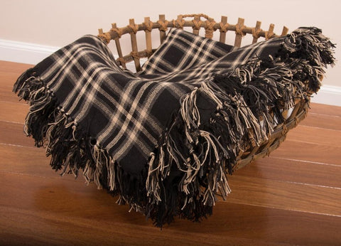 Richman Black Woven Afghan 50x60 in cotton plaid. Perfect primitive farmhouse throw blanket for sofas, beds, or cozy evenings. Rustic colonial country décor.