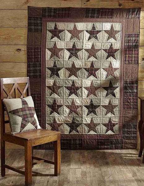 Abilene Star Quilted Throw  -patchwork star design using various check and plaid fabrics, shades of reds, tans and browns. Primitive Country Farmhouse Blanket Bedding Home Decor & Accessories.
