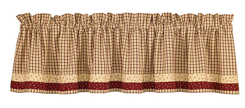the Apple Jack Scalloped Valance creates a soft & pretty dressing for your window. Its perfectly unified colors of patriotic red & butter features a small plaid accented at the bottom edge with two different coordinating ditsy bands. The small plaid stripe across the bottom adds the ideal finished touch!  Colors: Patriotic Red & Butter Yellow