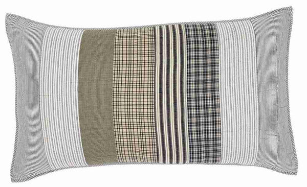 Ashmont King Sham 21x37, Vertical fabric strip layout compliments the large block pattern in the quilt. Warm Grey, Vintage White, Washed Blue. Primitive Country Farmhouse Bedding Home Decor.