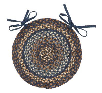 Denim chair pad features color combination of two different shades of blue, dark tan and cream. Measures approx. 15 in. round. Visit website for FREE s/h & discount offers. Primitive Country Farmhouse Home Decor.