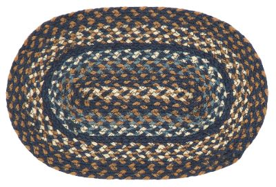 Denim  Rug Oval 10 x 15 in features color combination of two different shades of blue, dark tan and cream.