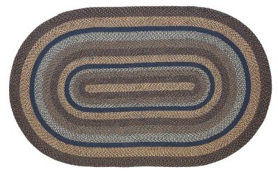 Denim  Rug Oval 20 x 30 in features color combination of two different shades of blue, dark tan and cream. Primitive Country Farmhouse Home Decor.