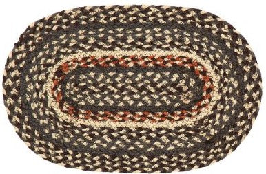 Loft Braided  Swatch features top selling color combination of black, rust, and natural. Oval shape sample of the rug that is great way to see the rug colors. Visit website for FREE s/h & discount offers. Primitive Country Farmhouse Kitchen Table Dining.