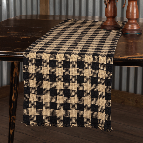 Burlap Black Check Runner Fringed 13x48, Primitive Country Farmhouse Kitchen Table Dining.