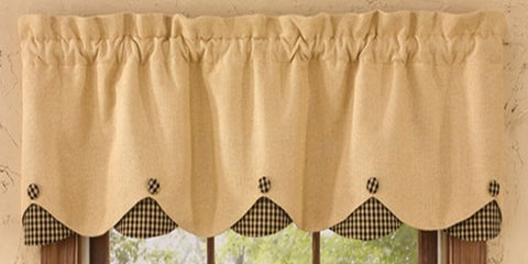 Burlap & Check Black Scalloped Valance Country Primitive Farmhouse Tan and Black Check Valance