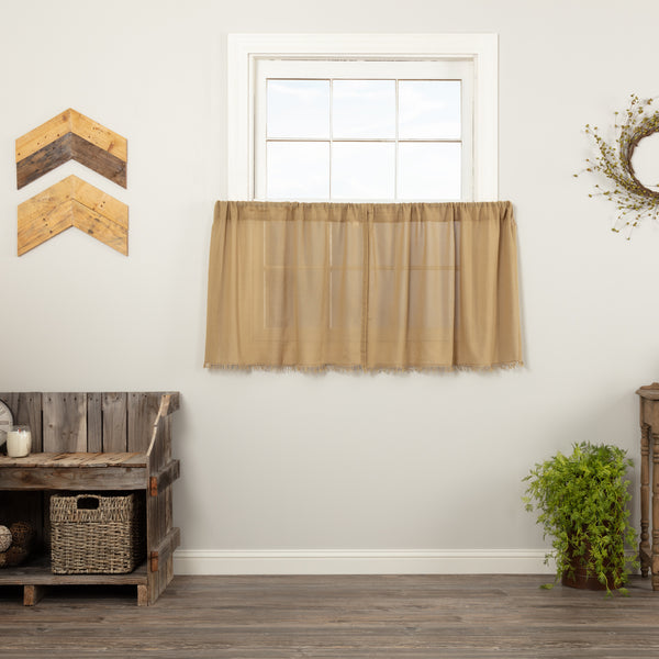 Set of 2 Tobacco Cloth Khaki Tier Curtains with fringed edges. Lightweight 24x36 cotton tiers add rustic farmhouse charm with soft light filtering style.