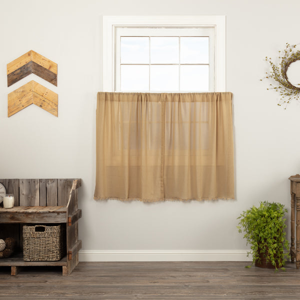 Khaki tobacco cloth fringed tier curtains set of 2, 36x36, sheer cotton for primitive farmhouse country style