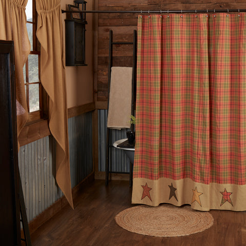 Stratton Shower Curtain features a plaid fabric in shades of red, green, navy, yellow, tan and natural burlap. Visit website for FREE s/h & discount offers. Primitive Country Farmhouse Home Decor.