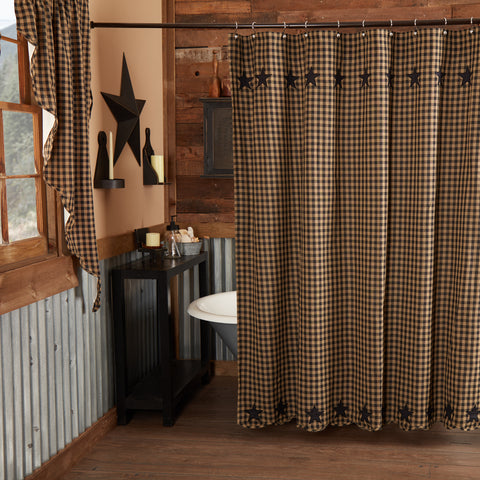 Add rustic farmhouse charm to your bathroom with the Black Star Shower Curtain. 72x72 cotton with black star appliqués and khaki checks for primitive country style.