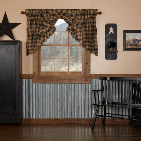 Black check scalloped prairie swag curtains set of 2, 36x36x18, with drawstring ties