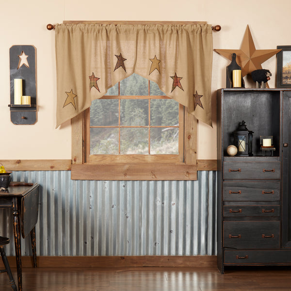 Stratton Burlap Applique Star Swags 36 in. are made of soft cotton burlap, accented with appliqued stars. Visit website for FREE s/h & discount offers. Primitive Country Farmhouse Home Decor.