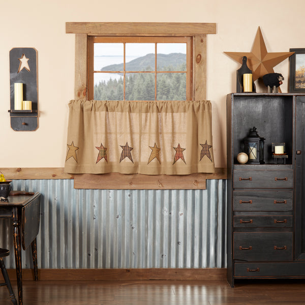 Stratton Burlap Applique Star Tiers 24 in. are made of soft cotton burlap, and feature  stars on the bottom edge. Visit website for FREE s/h & discount offers. Primitive Country Farmhouse Home Decor.
