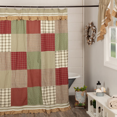 Add country charm to your bath with the Prairie Winds Shower Curtain 72x72. Features brick red, sage & khaki cotton blocks with burlap ruffles and lace.