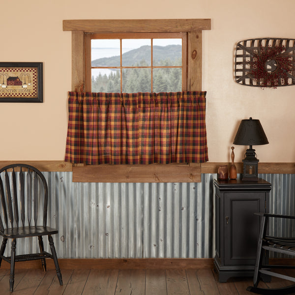 Heritage Farms Primitive Check Tier Set of 2 (24x36) with burgundy, mustard, and black checks. Lined cotton tiers bring primitive country farmhouse window charm.
