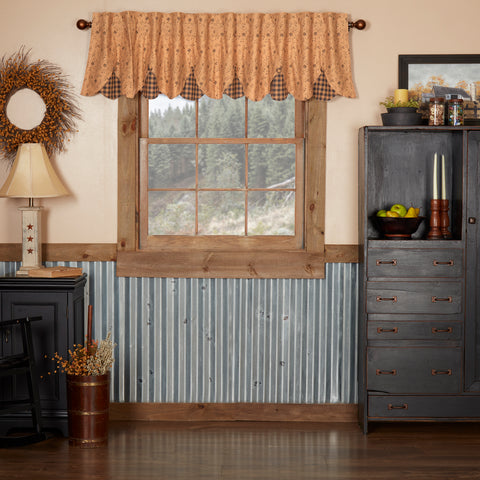The Maisie Valance 18x90 features ditsy floral print, black and tan checks, scalloped edges, and button accents. Add primitive farmhouse charm to your windows.